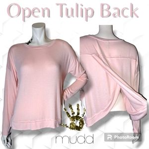 Softest Knit Blouse Overlapping Tulip Open Back RAW Edge Hem Oversized Medium